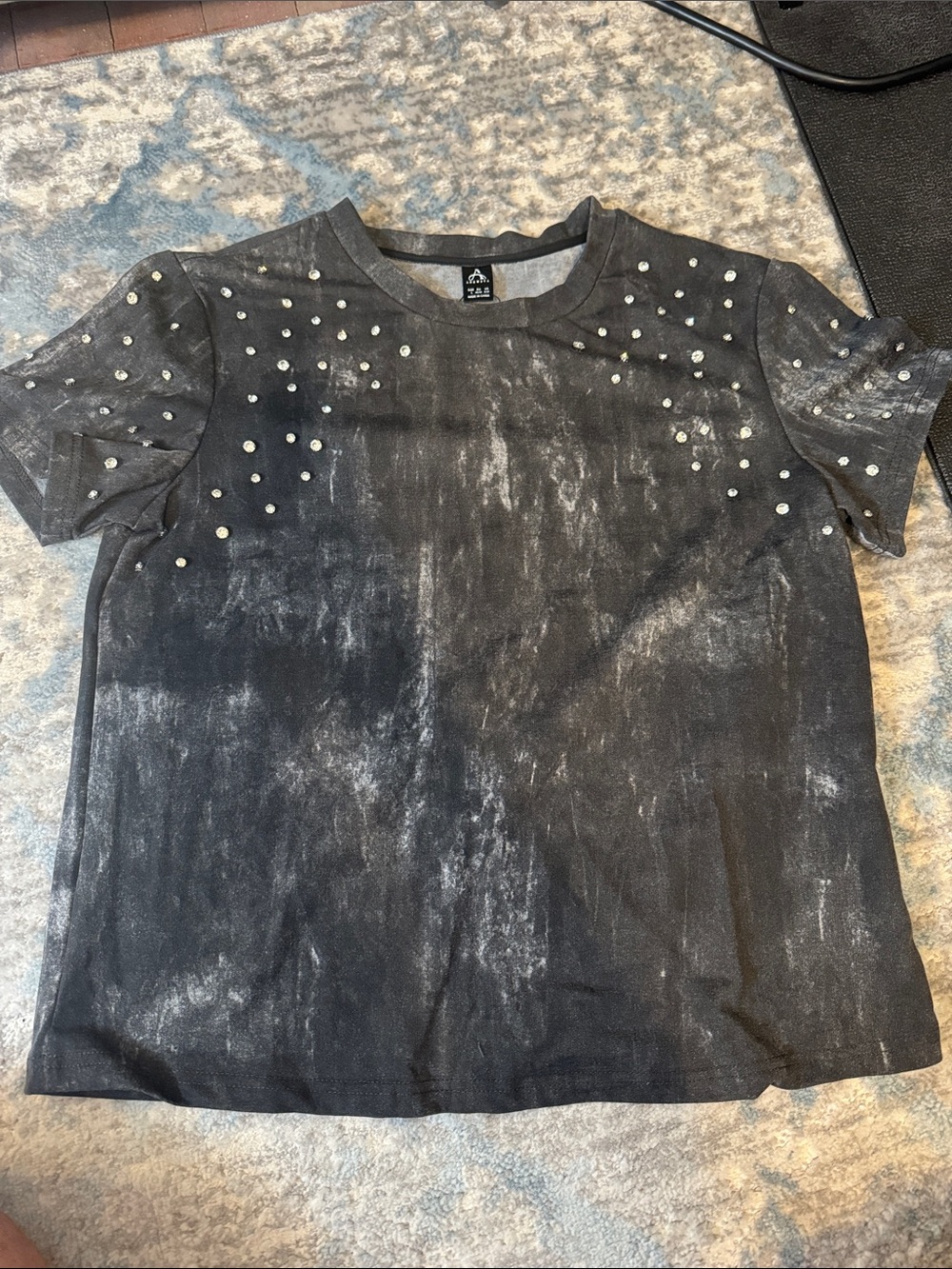 SHEIN Black Washed Short Sleeve Tee with Silver Studs